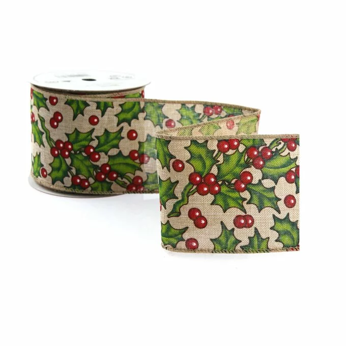 Hobbycraft Holly Wire Edge Ribbon 63mm X 3m 4 Hobbycraft Holly Wire Edge Ribbon 63mm X 3m - Image 2